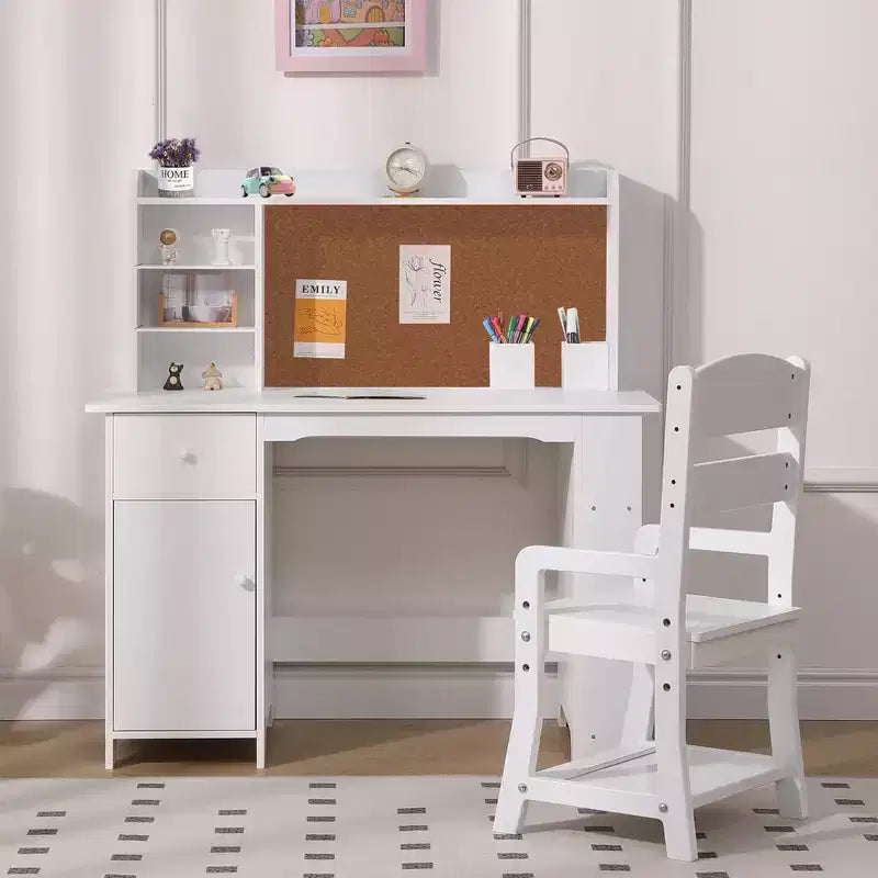 GustoWave Kids Study Desk and Chair Set with Storage Hutch & Cork Board, Wooden Study Table for Children Ages 3-8, White