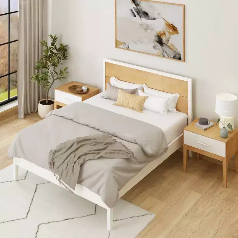 Plank+Beam Solid Wood Duo Queen Bedroom Set with 2 Nightstands, White/Birch
