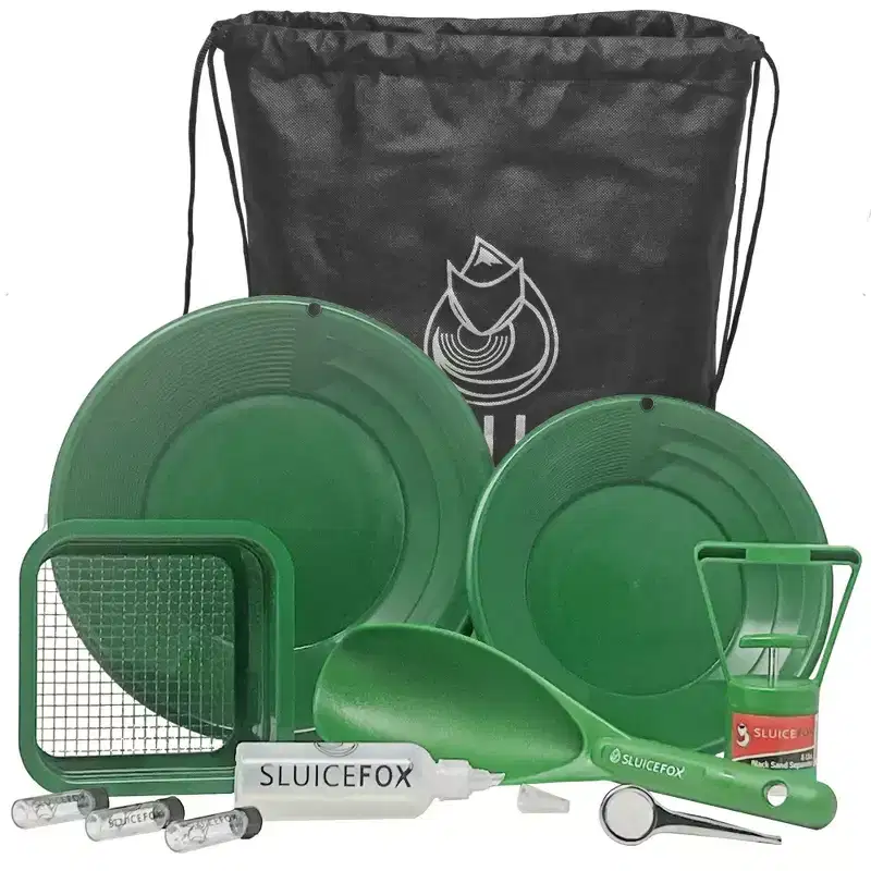 Sluice Fox backpack gold prospecting kit with classifier: Two spiral gold pans, plastic gold pay dirt scoop and black sand gold separator magnet