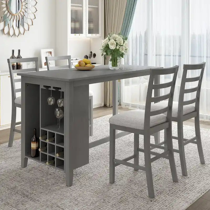 Gray Rustic 5-Piece Counter Height Dining Table Set with 4 Chairs & Storage
