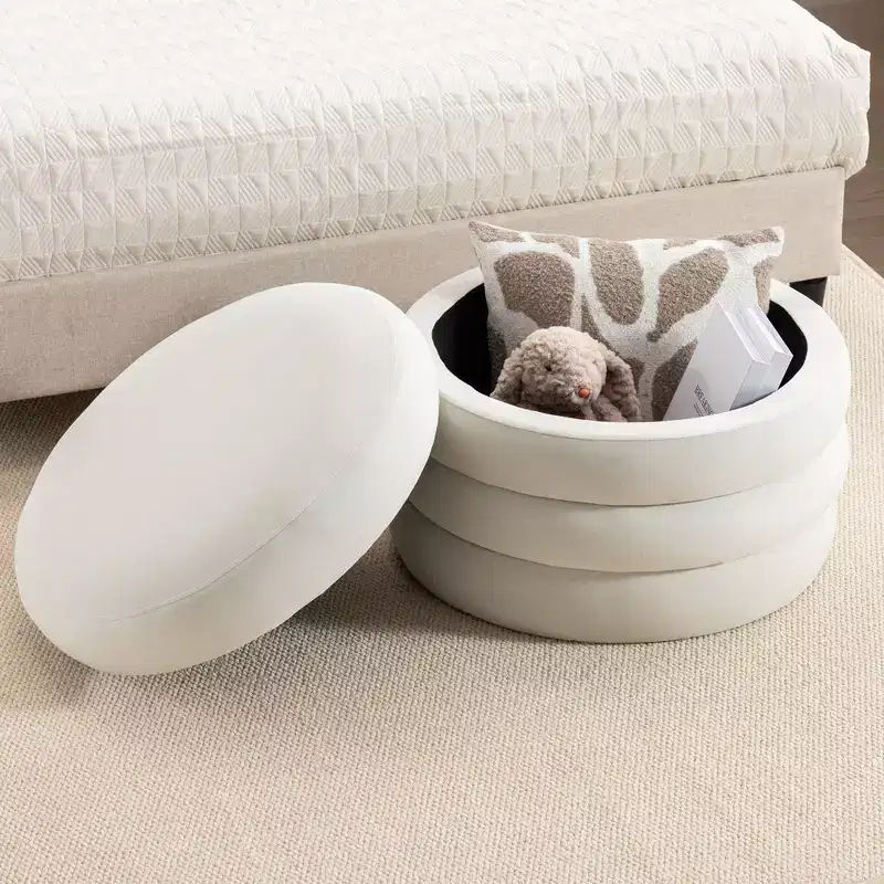 Modern Round Storage Ottoman Bench Vanity Chair Soft Velvet Upholstered Footrest Stool With Wooden Shelving for Couch Bedroom Entrance