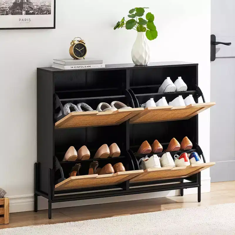 Rattan Shoe Cabinet Organizer for Entryway with 4 Doors, Adjustable Shelves,Holds 20 Pairs, Modern Storage Furniture, Spacious Storage Capacity
