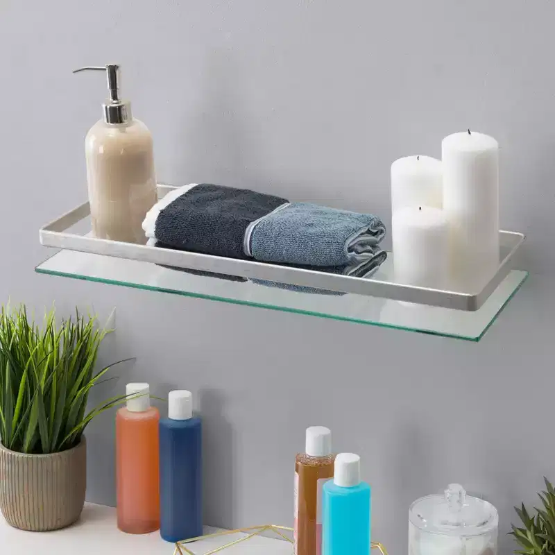 Danya B. 19.75" Floating Glass Bathroom Wall Shelf Chrome: Tempered Glass, Glossy Finish, Includes Mounting Hardware