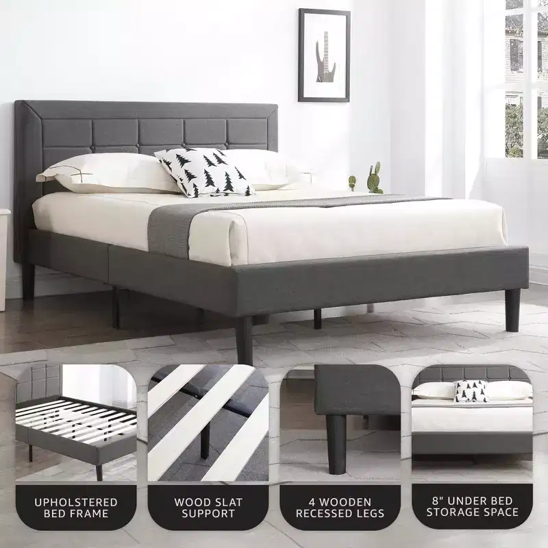 Upholstered Platform Full Size Bed Frame with Button-Tufted Headboard & Wood Slat Support