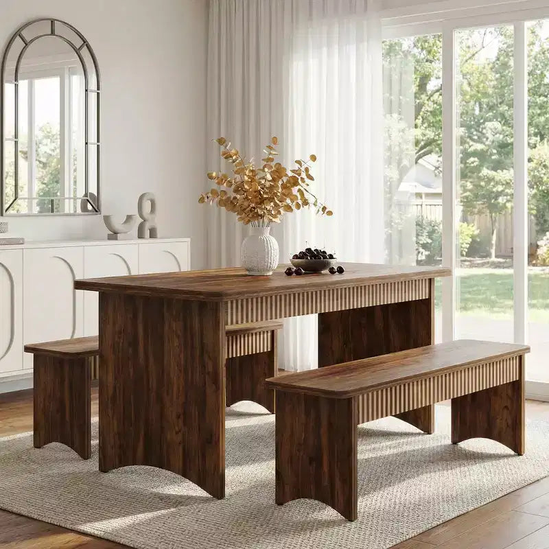 MAYEERTY 3-Piece Wooden Dining Set, Farmhouse Kitchen Table with 2 Space-Saving Benches