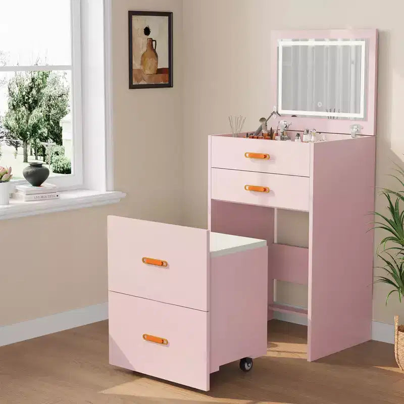 Small Makeup Vanity Desk with Mirror and Lights, 3-in-1 Compact Vanity Table Set, Dressing Table with 3-Light Mode, Storage Rolling Chair for Bedroom