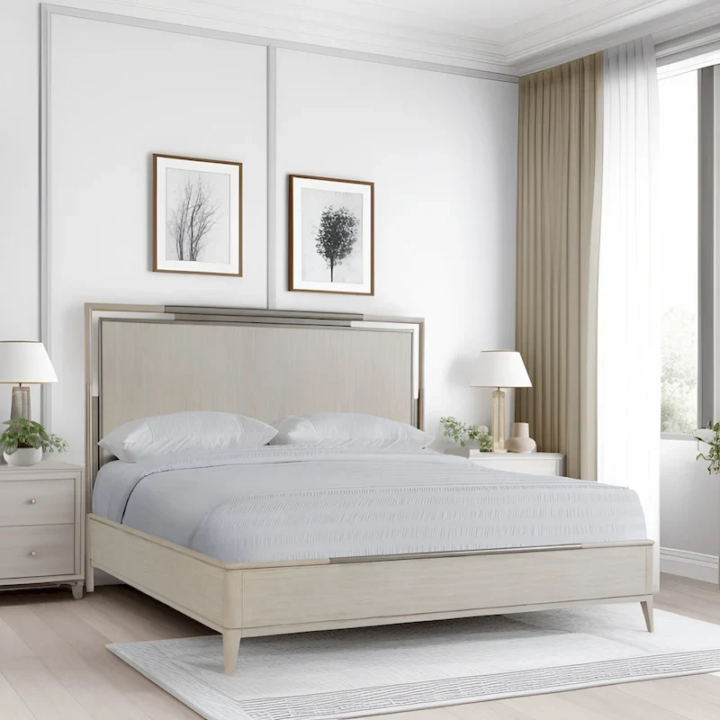 Roundhill Furniture Mantalia Solid Wood Panel Bed with Metal Frame, Champagne