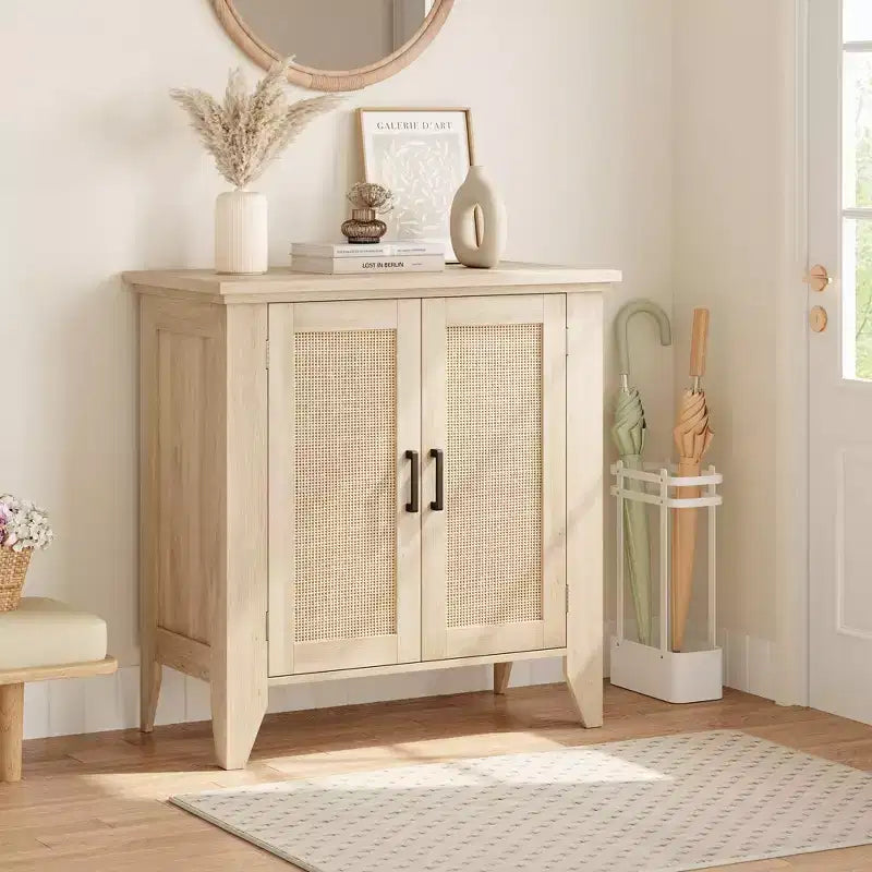 Rattan Storage Cabinet with Doors and Shelves, Sideboard Entryway Console Cabinet, Wood Furniture with Storage for Kitchen and Entryway