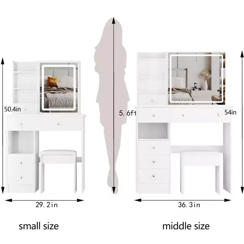 Vanity Table with Drawers, LED Mirror and Cushioned Stool - White