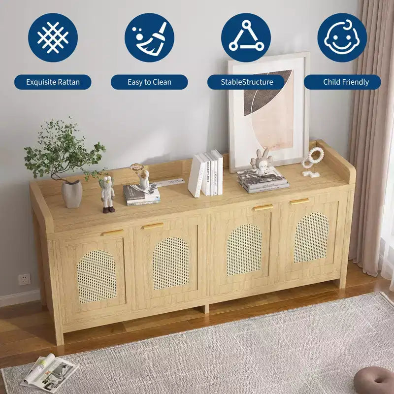 Modern Rattan TV Stand Entertainment Center, Glass Doors, Storage Cabinets, for Living Room, Home