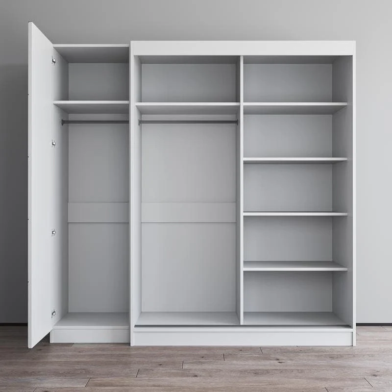 2-Door Wardrobe with Mirror, Glass Front, 2-Person (Gray / Black / White)