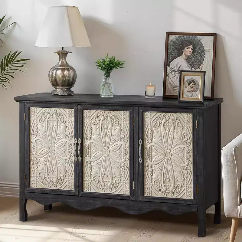 RoyalCraft Farmhouse Sideboard Buffet Cabinet Solid Wood Credenza, 3 Door Storage Console Table for Dining Room Kitchen Entryway, 49 Inch, Black