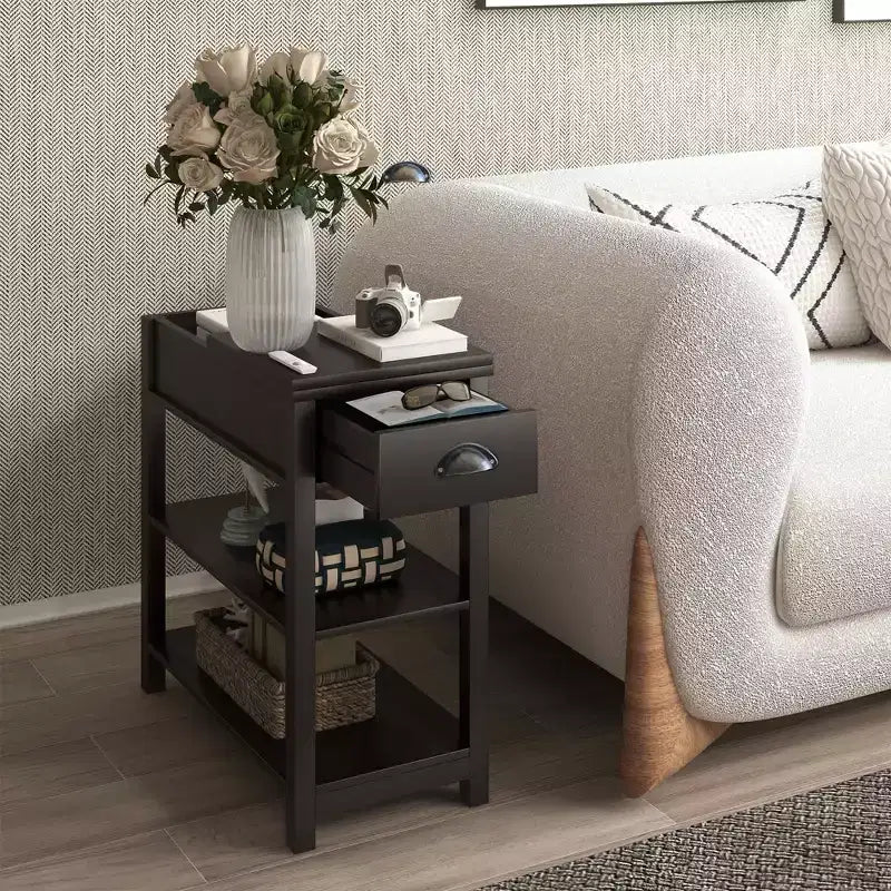 MAYEERTY Narrow Side Table, Flip Over Design with Drawers & Bottom Partition, Brown
