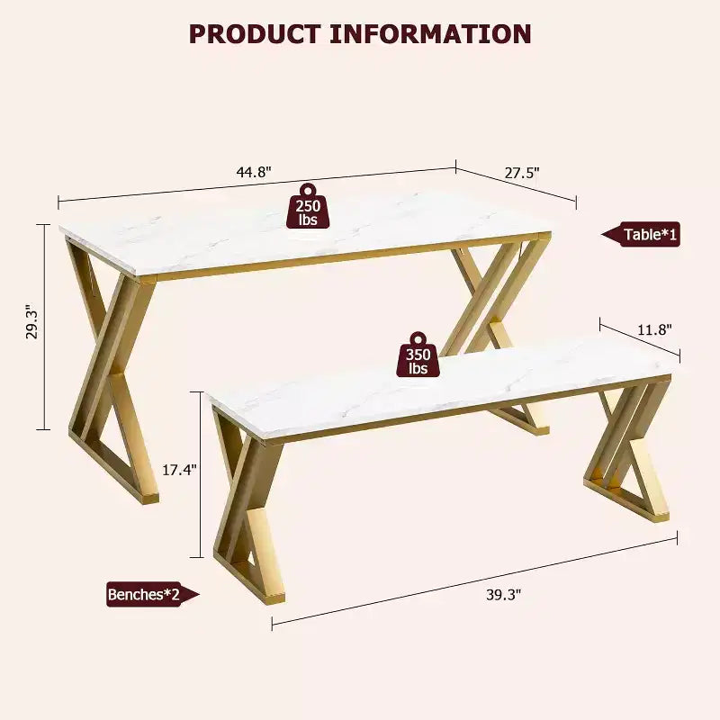 4-Person Dining Set: Rectangular Faux Marble Tabletop & 2 Benches with Metal Frame - Space-Saving for Kitchen, Dining Room & Apartment.