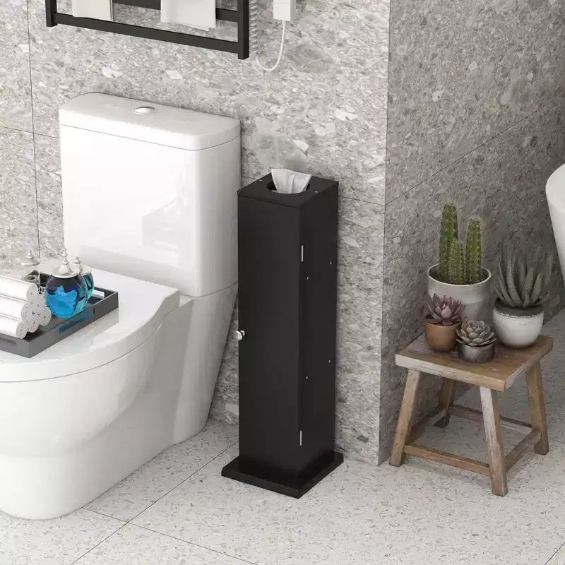 Small Bathroom Corner Floor Cabinet with Doors and Shelves – Thin Storage Organizer for Toilet Paper & Shampoo
