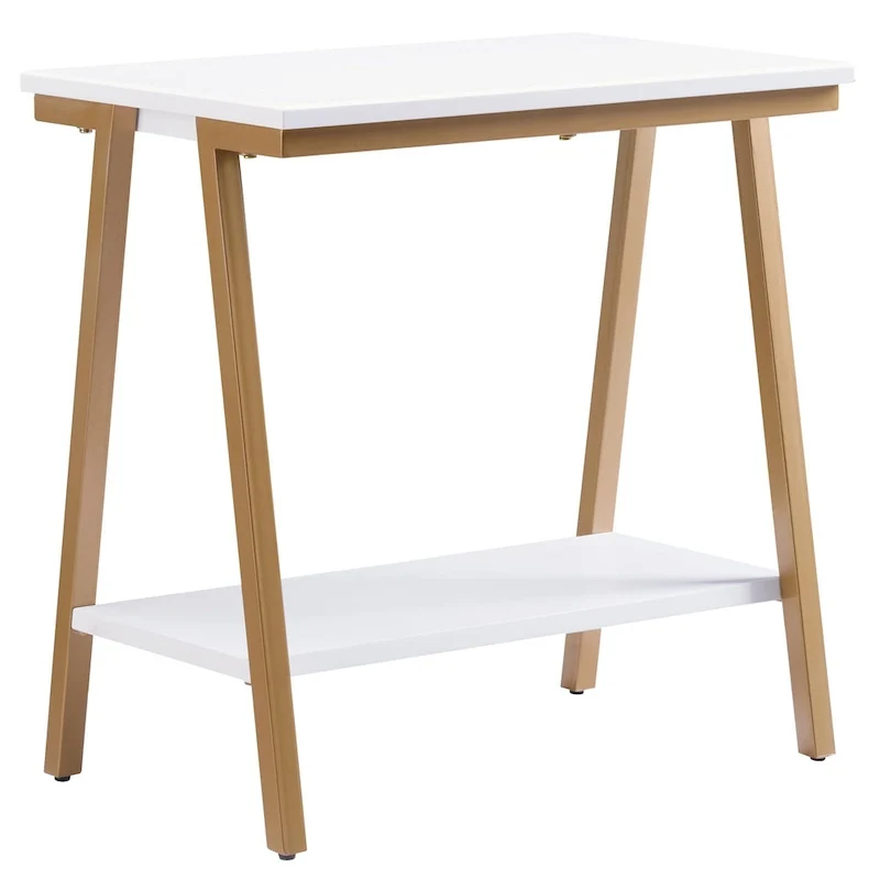 Narrow Wood Side Table with Metal Frame and Lower Shelf