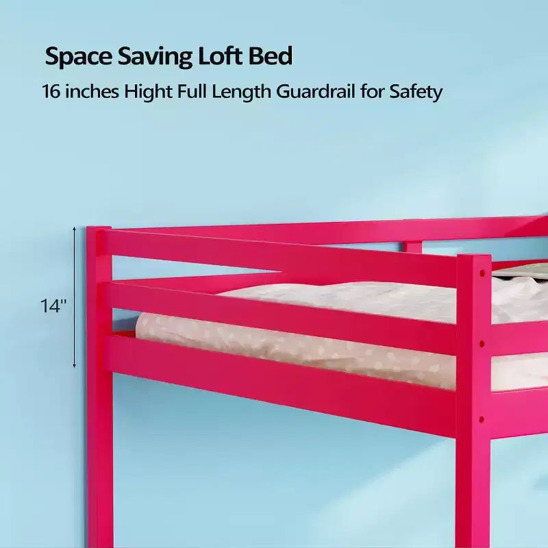 VINGLI 47'' Tall Junior Low Loft Bed with Stairs, Solid Wood Bed Frame Twin Size Princess, Pink