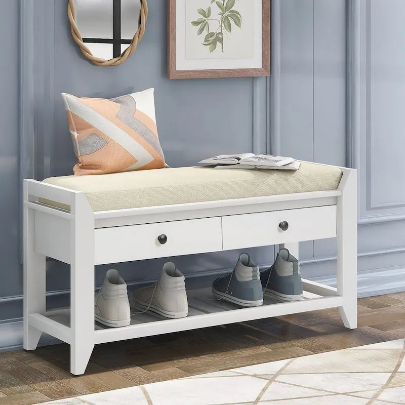 Wooden Storage Bench with Shoe Rack and Drawers