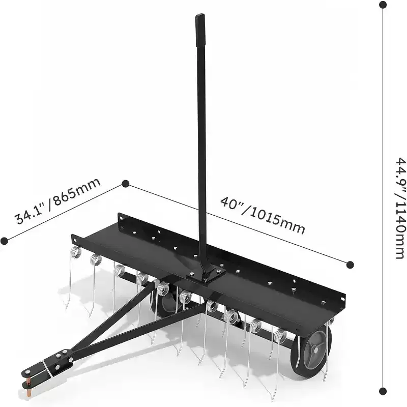 40 Tow-Behind Lawn Rake/Dethatcher with 24 Spring Steel Tines for ATV or Mower, Lift Handle & Gloves Included, Black