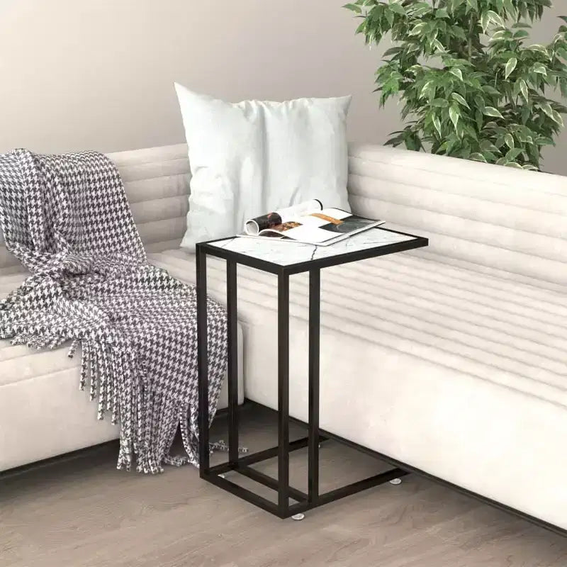 vidaXL Side Table White marble Tempered glass, iron 19.7 x 13.8 x 25.6 in