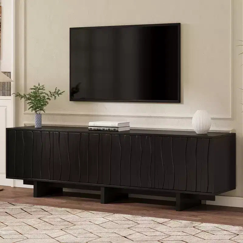Retro Wood Grain TV Stand with Corrugated Doors, Fits TVs up to 75
