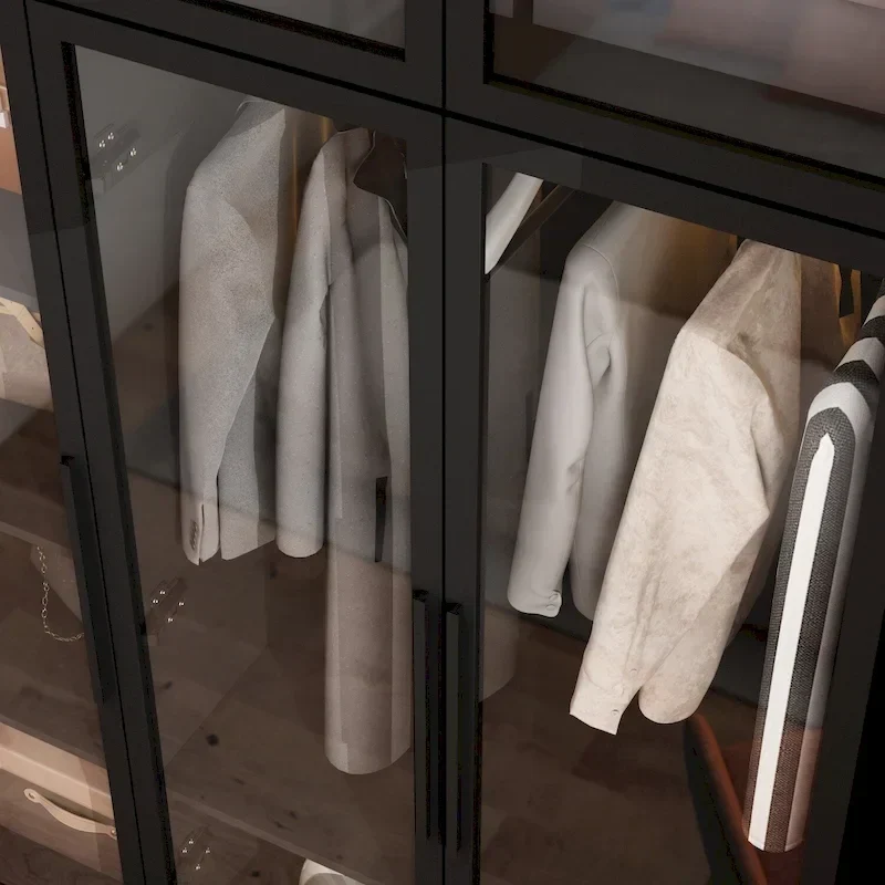 Armoire de rangement avec éclairage LED et portes entièrement vitrées, style dressing.