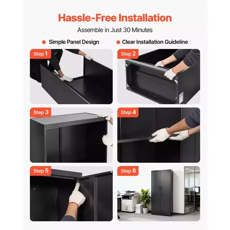 Armoire de rangement métallique VEVOR, 175 cm (68,9 po), armoire de garage verrouillable en acier avec 4 étagères réglables, 2 portes magnétiques, 2 clés, 5 niveaux de rangement pour outils, noire
