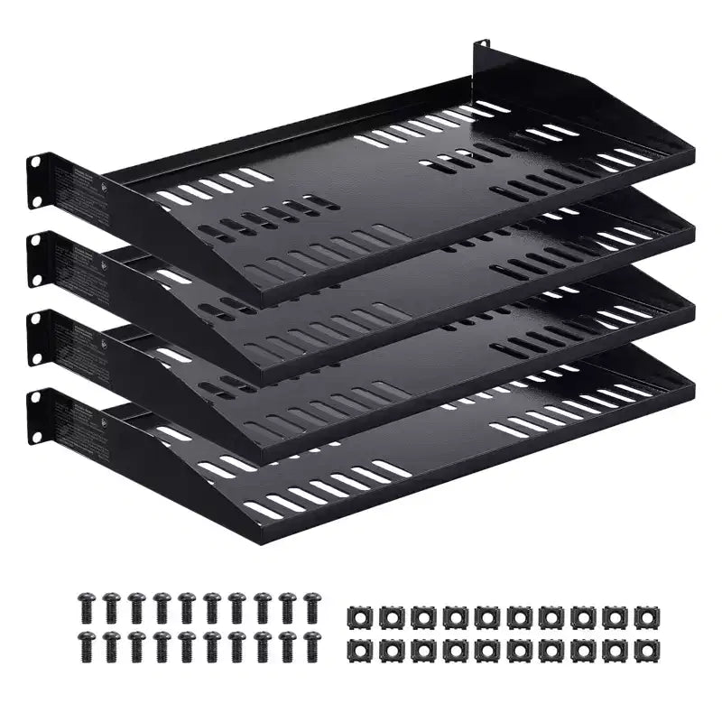 1U Server Rack Shelf, 4 PCS, 50 lbs Vented Cantilever, Wall Mount or Rack Mount Shelf with Tray, 10 in Depth, Black