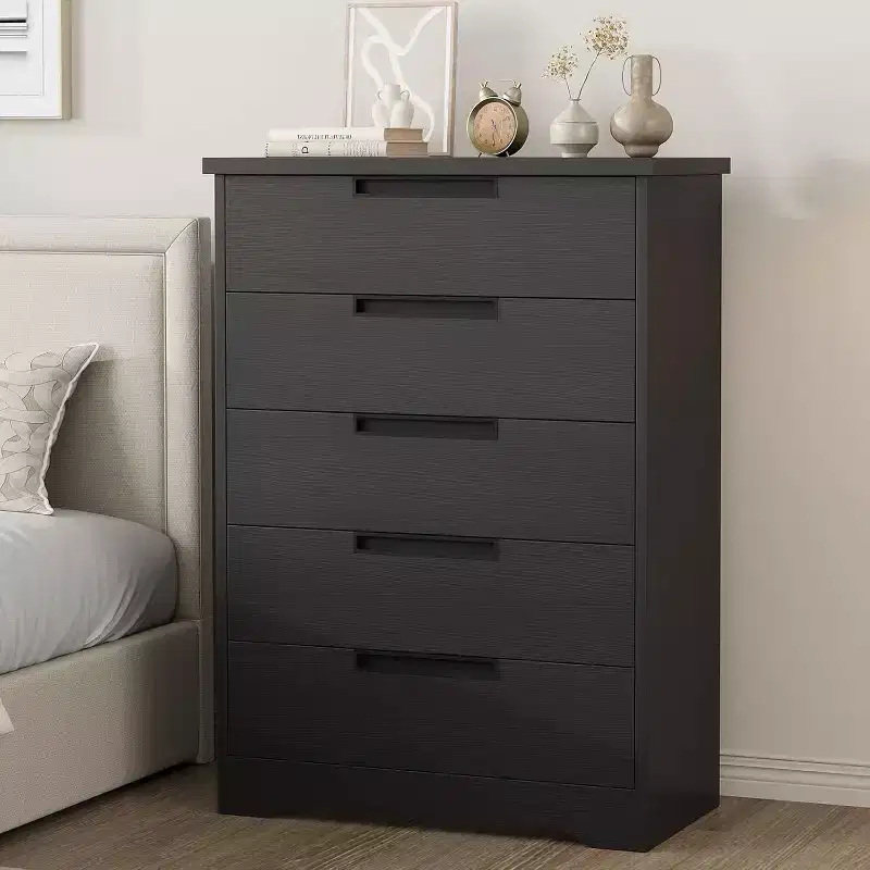 5 Drawer Dresser for Bedroom, Black 5 Chest of Drawers with Embedded Handles, Wooden Dresser Organizer for Living Room, Nursery, Hallway