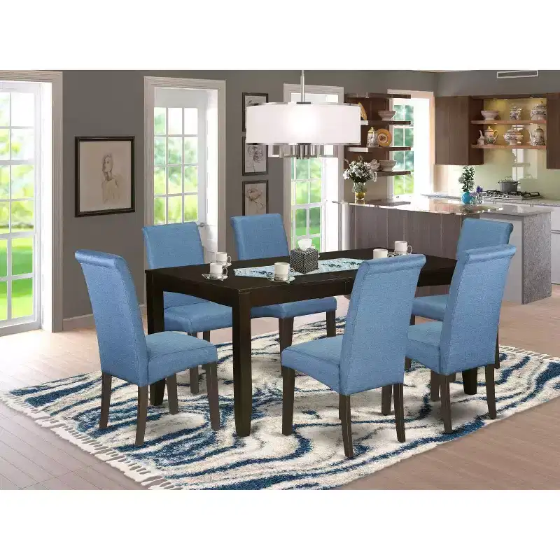 Kitchen Table 7-Piece Dining Table with Fabric Chairs Linen Blue Cappuccino Legs