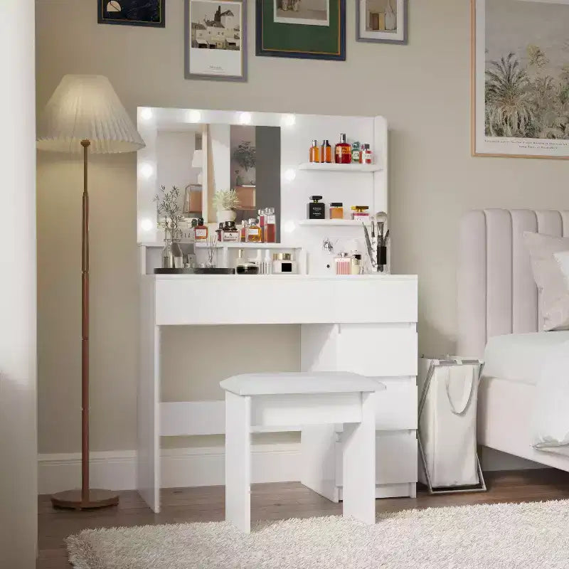 Okak Makeup Vanity with 3 Modes Large Mirror, Vanity Desk with Power Strip and Stool, Vanity with Chair for Living Room, Bedroom, White