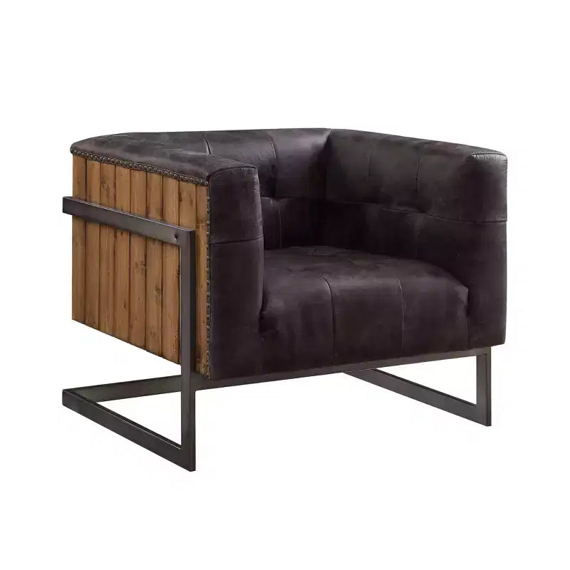 31" Sagat Accent Chair Antique Black Top Grain Leather/Rustic Oak - Acme Furniture: No Assembly, Metal Frame, Spot Clean