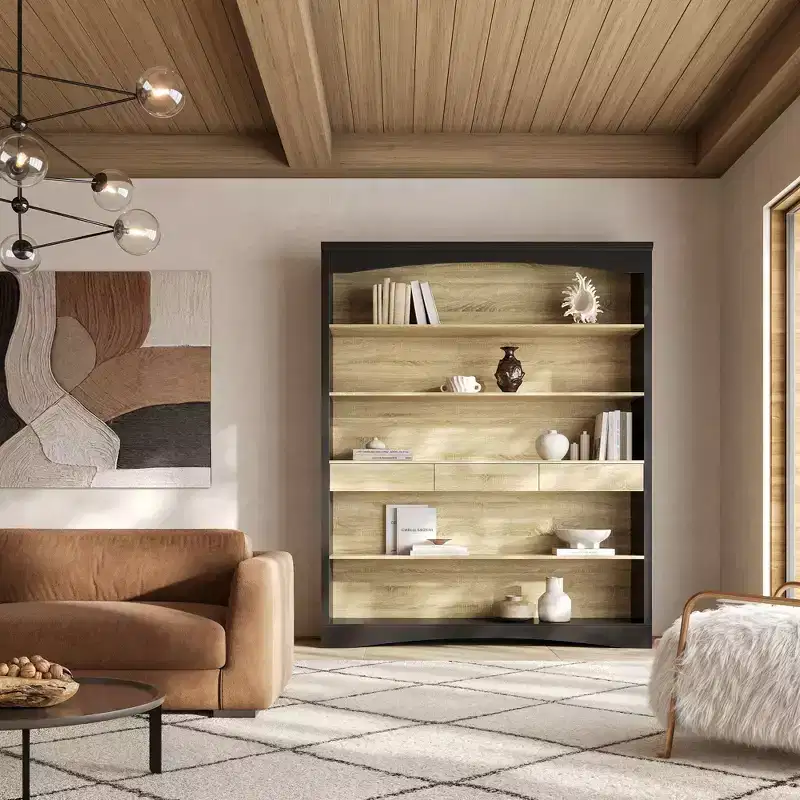 Solid Wood Bookcase with 3 Drawers and 5-Tier Open Shelves
