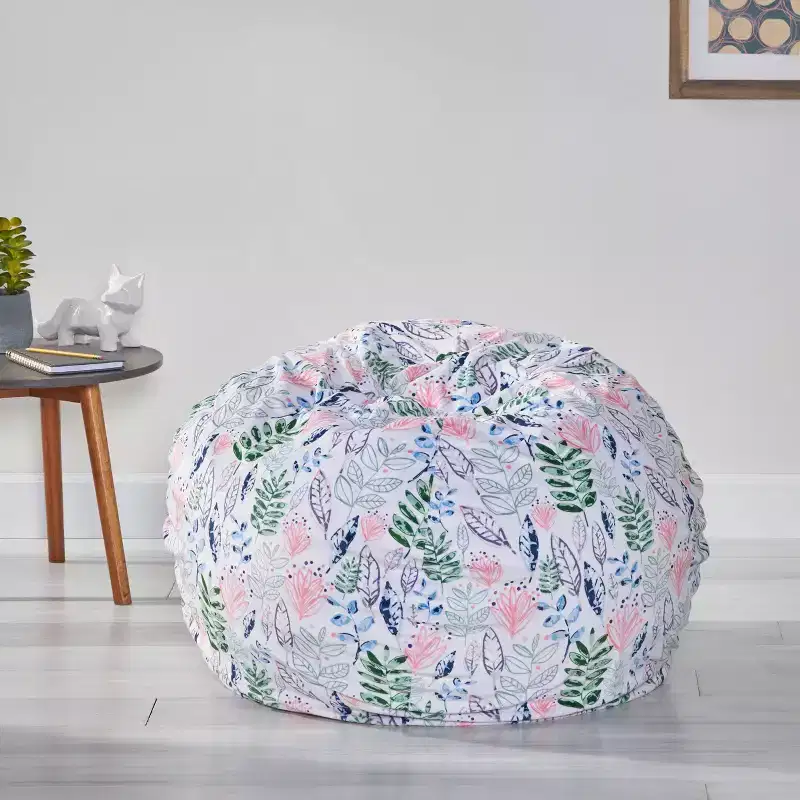 Round Fabric Bean Bag Chair with Leaf Blossom Print – White