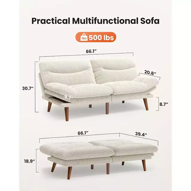 66-inch corduroy sofa bed with adjustable backrest and armrests, suitable for small spaces, living rooms, or offices as a futon sofa.
