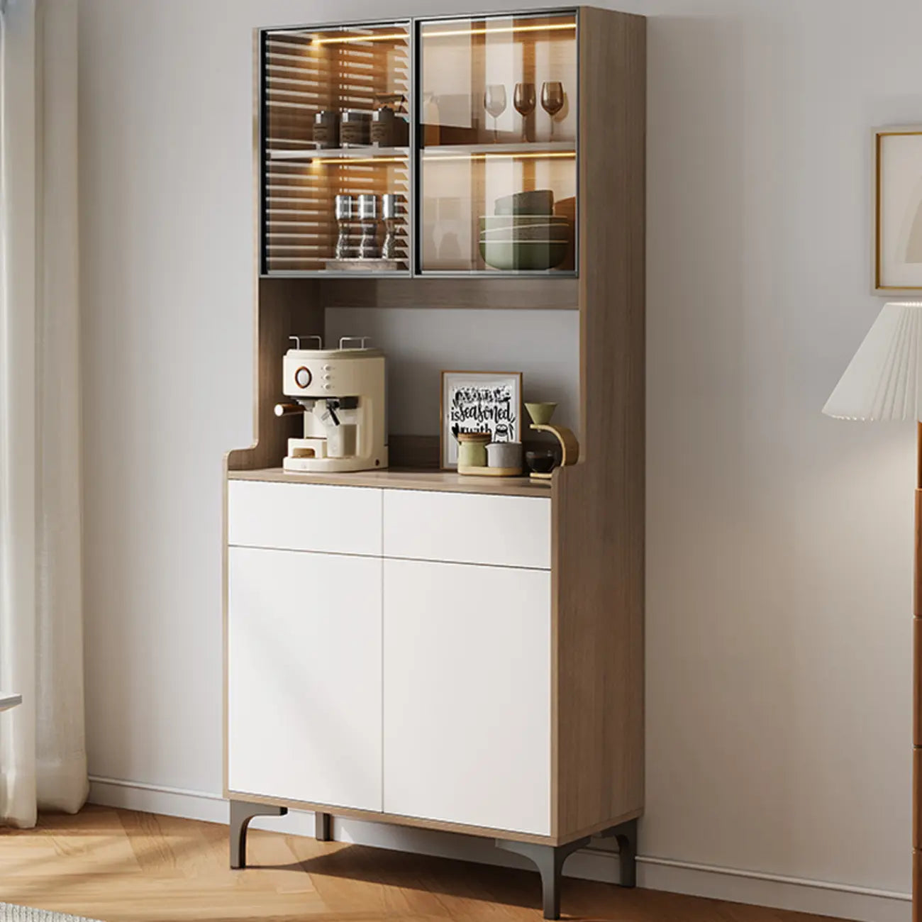 Large Wood Glass Doors Cabinet Sideboard with Hutch Top