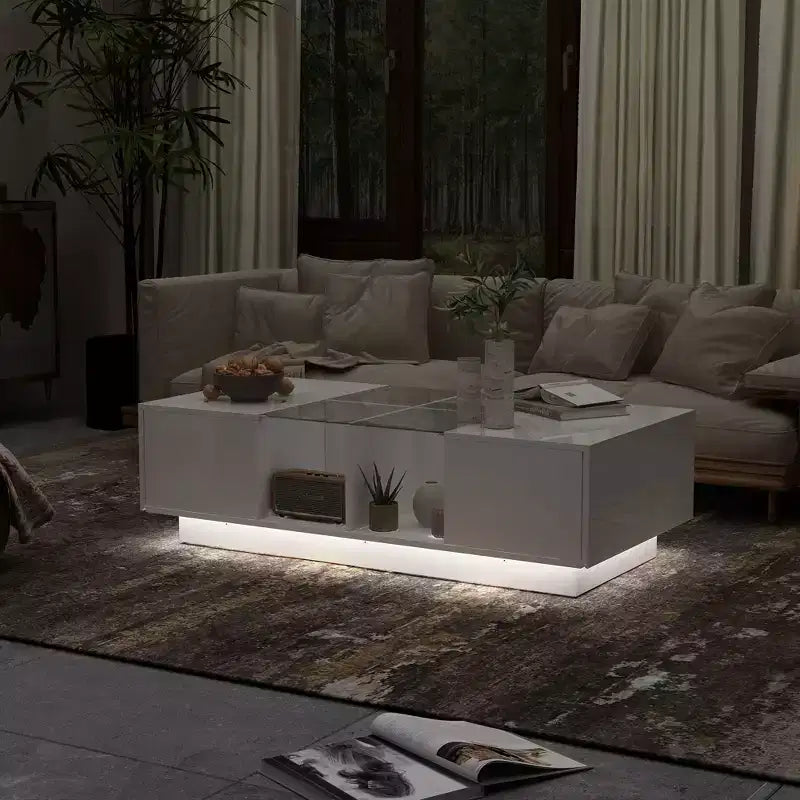 White High-Gloss LED Coffee Table with Drawer & Open Compartments
