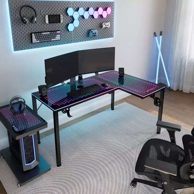 GTG-L60, 60x23 L Shaped Glass Desktop Gaming Desk,Black,48.54 D x 60'' W x 30 H