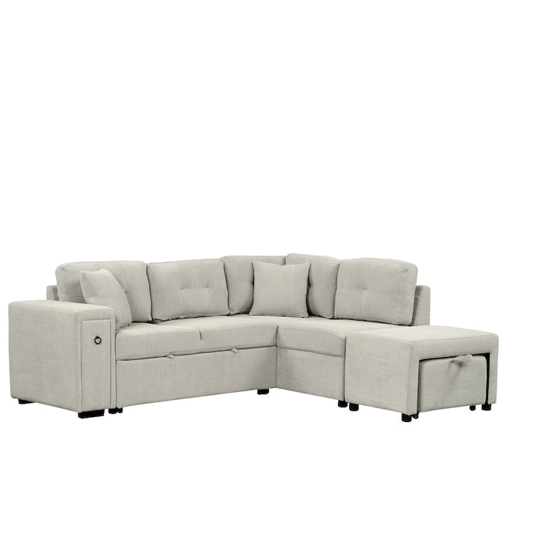 L-Shaped 4-Seat Sectional Sofa with Pull-Out Bed, Ottoman, USB Ports & Drop-Down Table