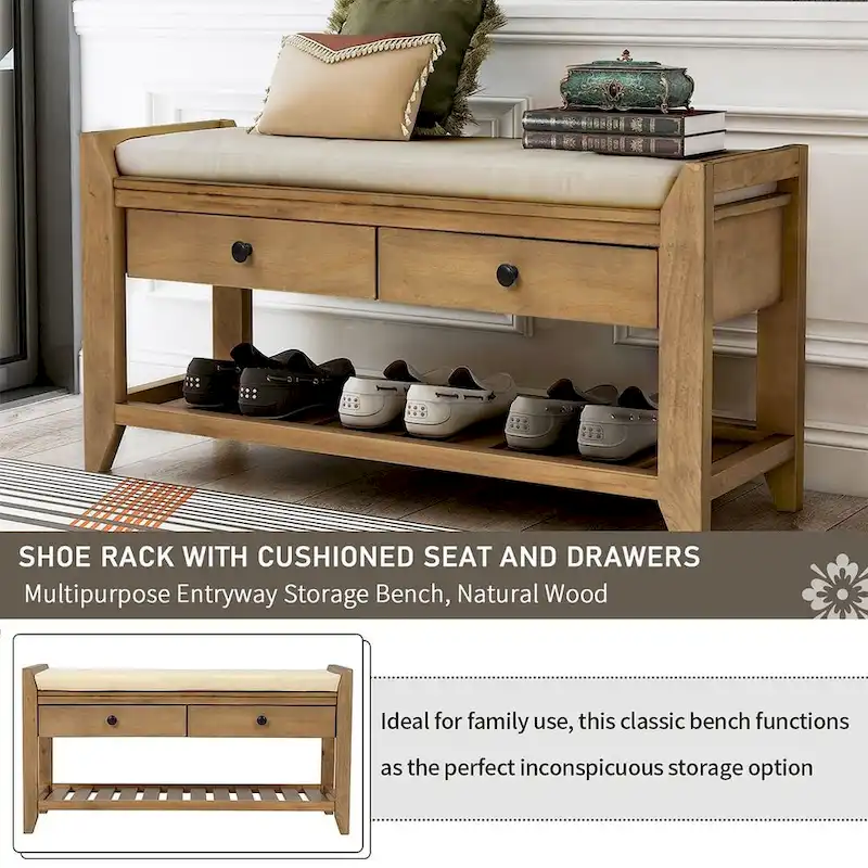 Wooden Storage Bench with Shoe Rack and Drawers