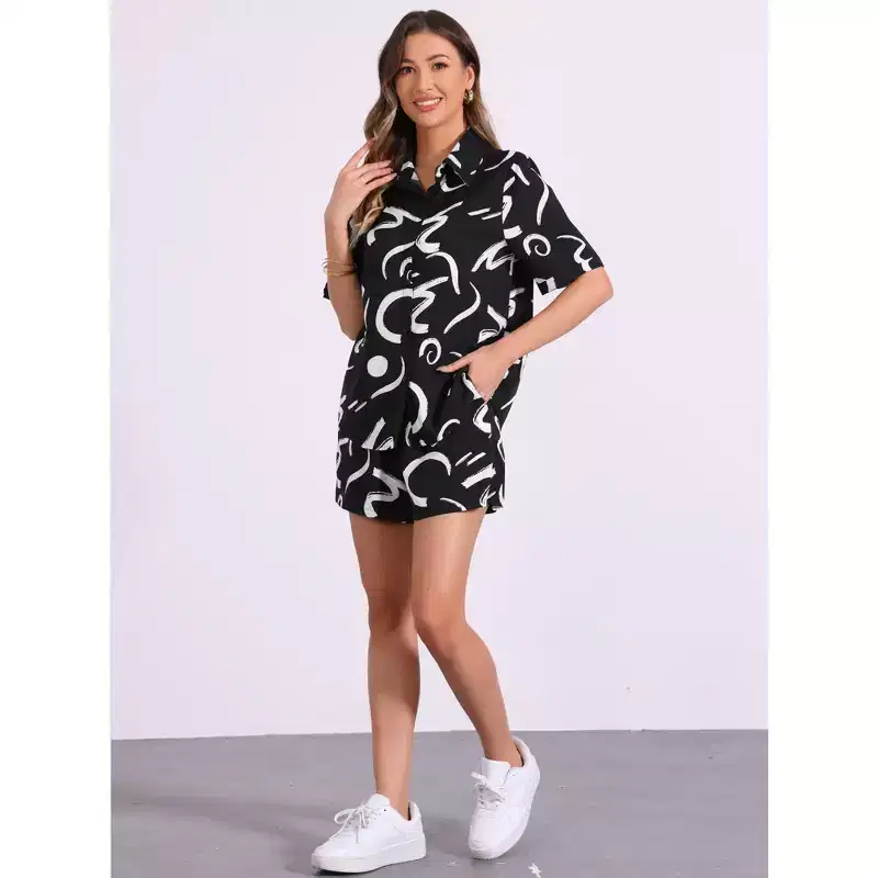INSPIRE CHIC Women's Casual Outfits Short Sleeve Button Down Pajama Beach Sets 2 Pcs