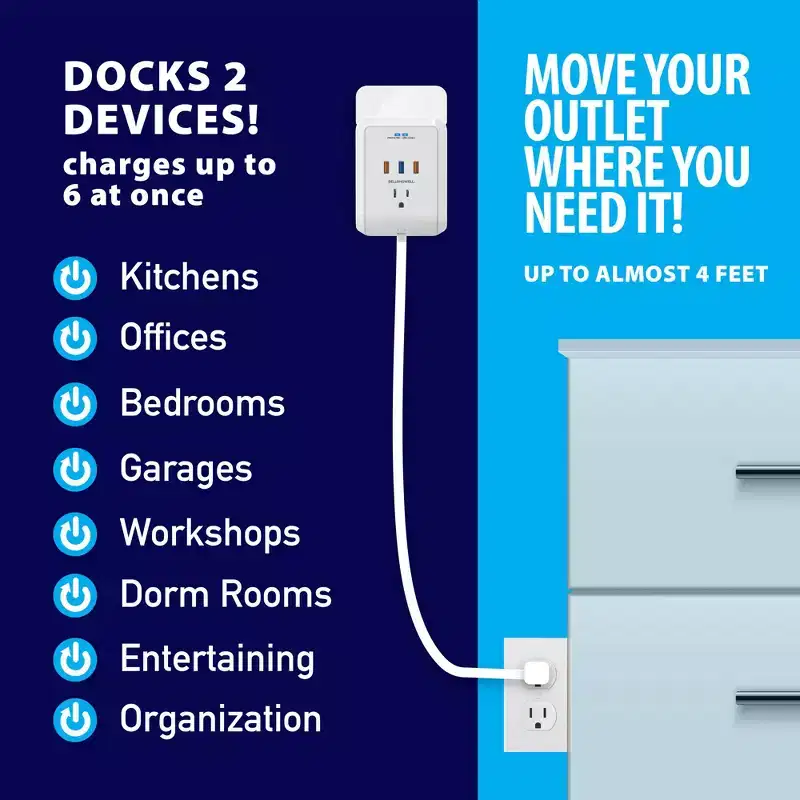 Bell + Howell Power Pro Outlet Extender  3 AC Outlets, 3 USB Ports, 4 ft Extension Cord, Surge Protector, Wall Mountable