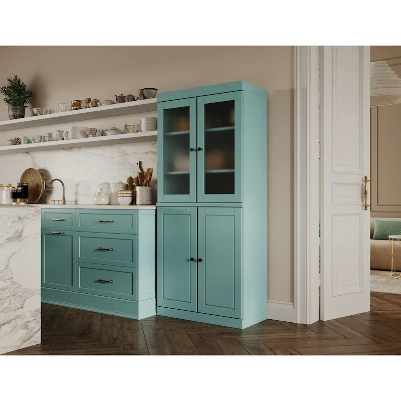 Armoire de rangement 100 % bois massif avec portes en verre dépoli, portes pleines, 2 tiroirs et étagères réglables.