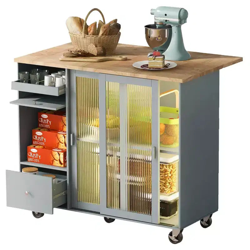 TROPOW Rolling Kitchen Island Cart with LED Light, Adjustable Shelf Kitchen Island Table with Storage 2 Drawers, Island on Wheels