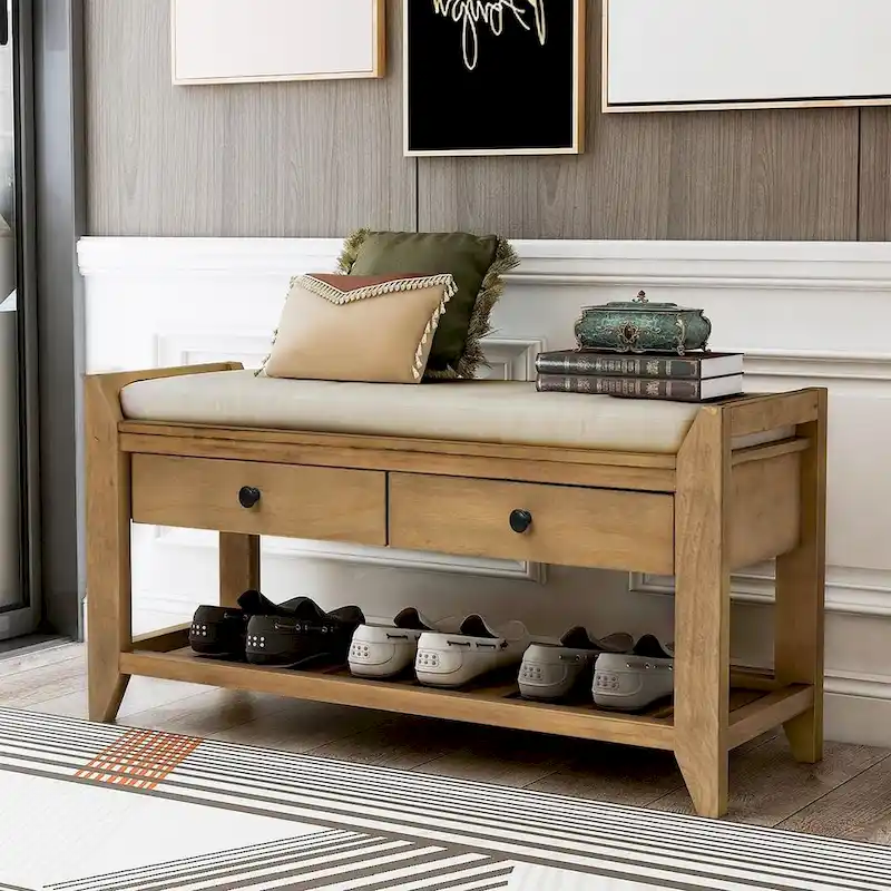 Wooden Storage Bench with Shoe Rack and Drawers