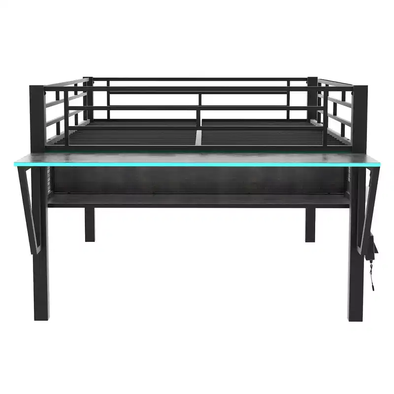 Whisen 92.8''L x 41.7''W Gaming Style Black Metal Loft Bed with Built in Desk, Ladder and Shelf