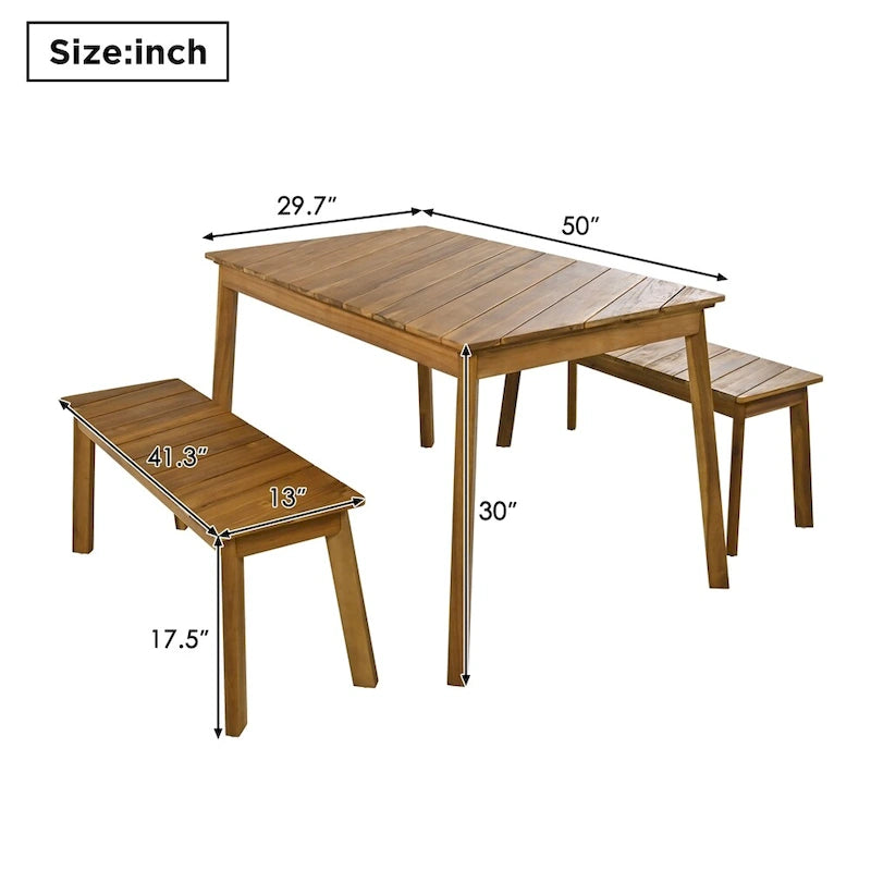 3 Pieces Outdoor Acacia Wood Dining Set with 2 Benches and Table