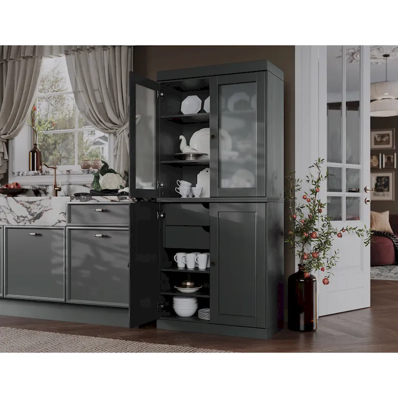 Armoire de rangement 100 % bois massif avec portes en verre dépoli, portes pleines, 2 tiroirs et étagères réglables.