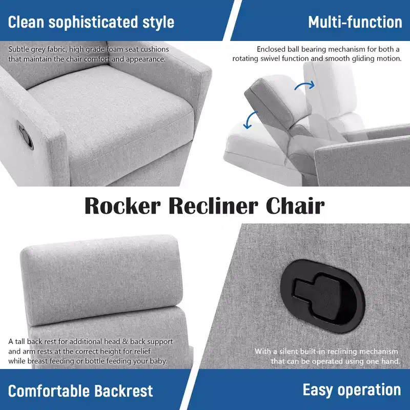GDFStudio Peggy Modern Upholstered Rocker Nursery Chair with Plush Glider Swivel and Adjustable Recline