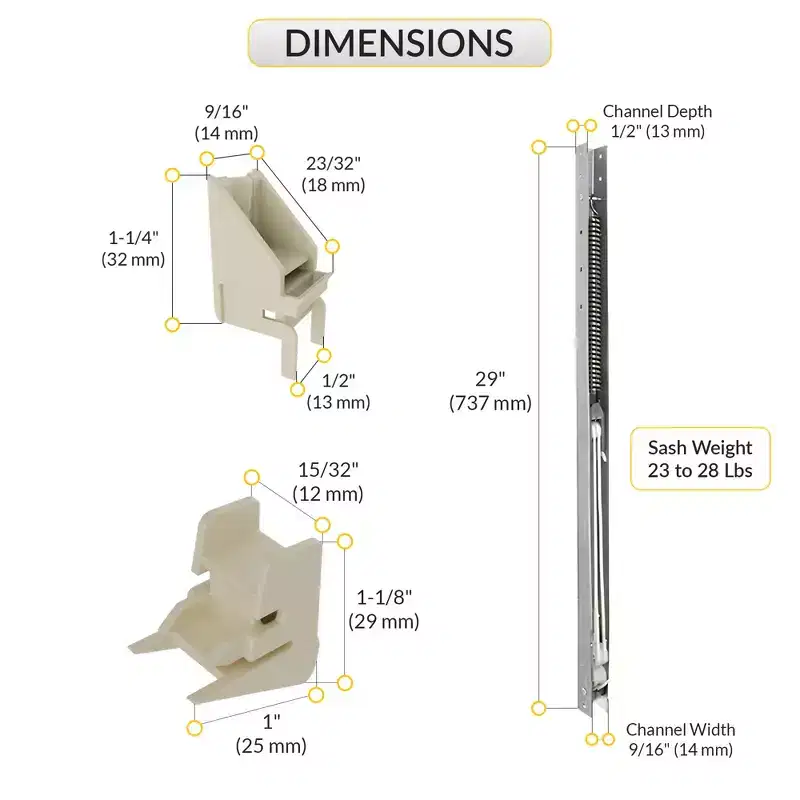 Brixwell Window Channel Balance 29 L, 23 to 28 lbs Sash Weight, With Top and Bottom Sash Heights of 1-1/4 and 1-1/8, Aluminium Material and Finish